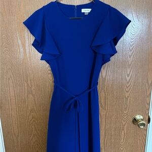 Calvin Klein Royal Blue Midi Dress with Ruffle Sleeves